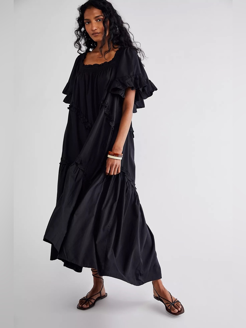Free People Endless Summer Harriet Midi Dress XS Black Flowy Tiered Square Neck